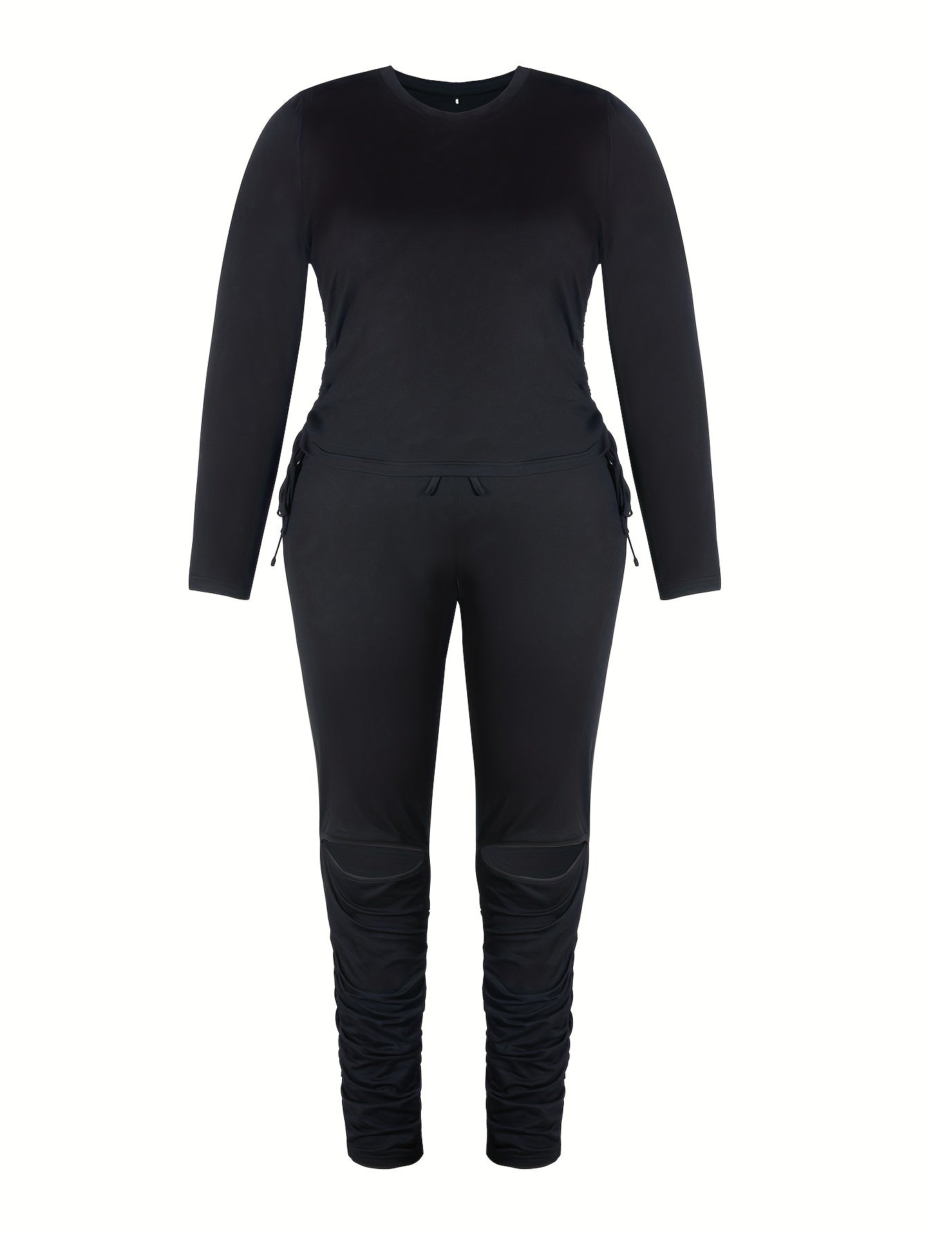  2 Piece Set Solid Long Sleeve Top & Cut Out Pants