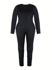  2 Piece Set Solid Long Sleeve Top & Cut Out Pants