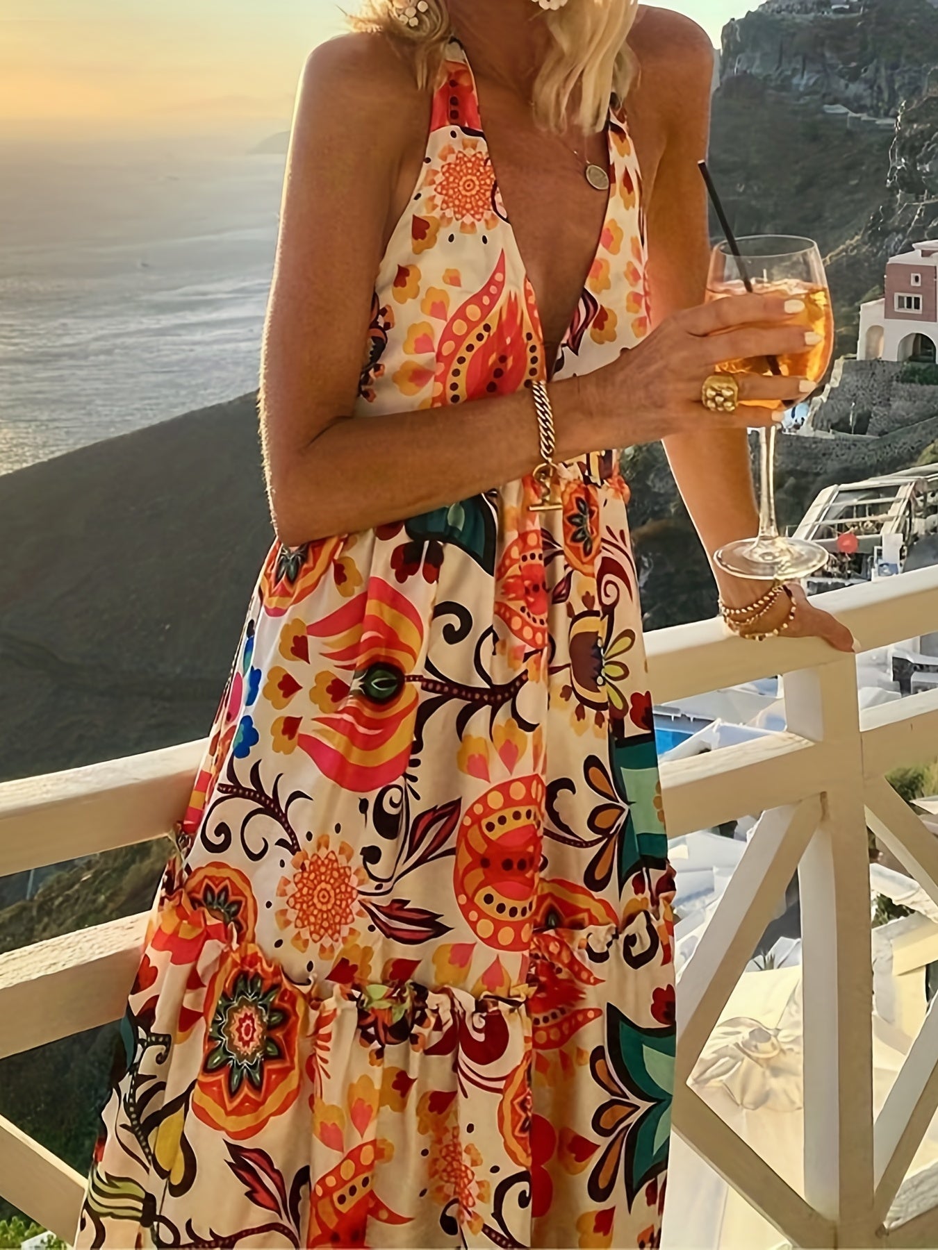  Boho Dress Allover Print Off Shoulder Backless Halter Neck