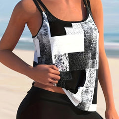  Geo Print Tankini Set Women's Cami Top & Shorts Swimsuit
