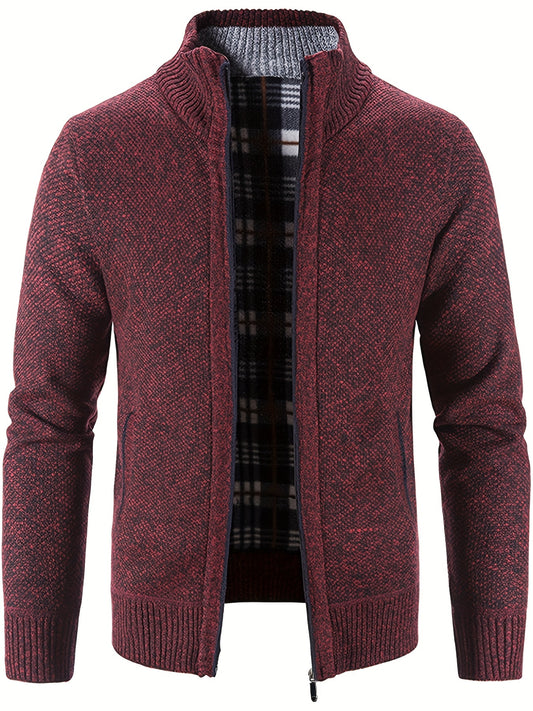 Men's Warm Stand Collar Fleece Jacket - Zip Up Knitted Cardigan
