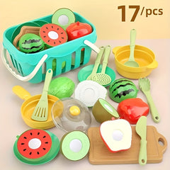 17pcs Kids Play House Cutting Vegetables & Fruits Toy with Music Random