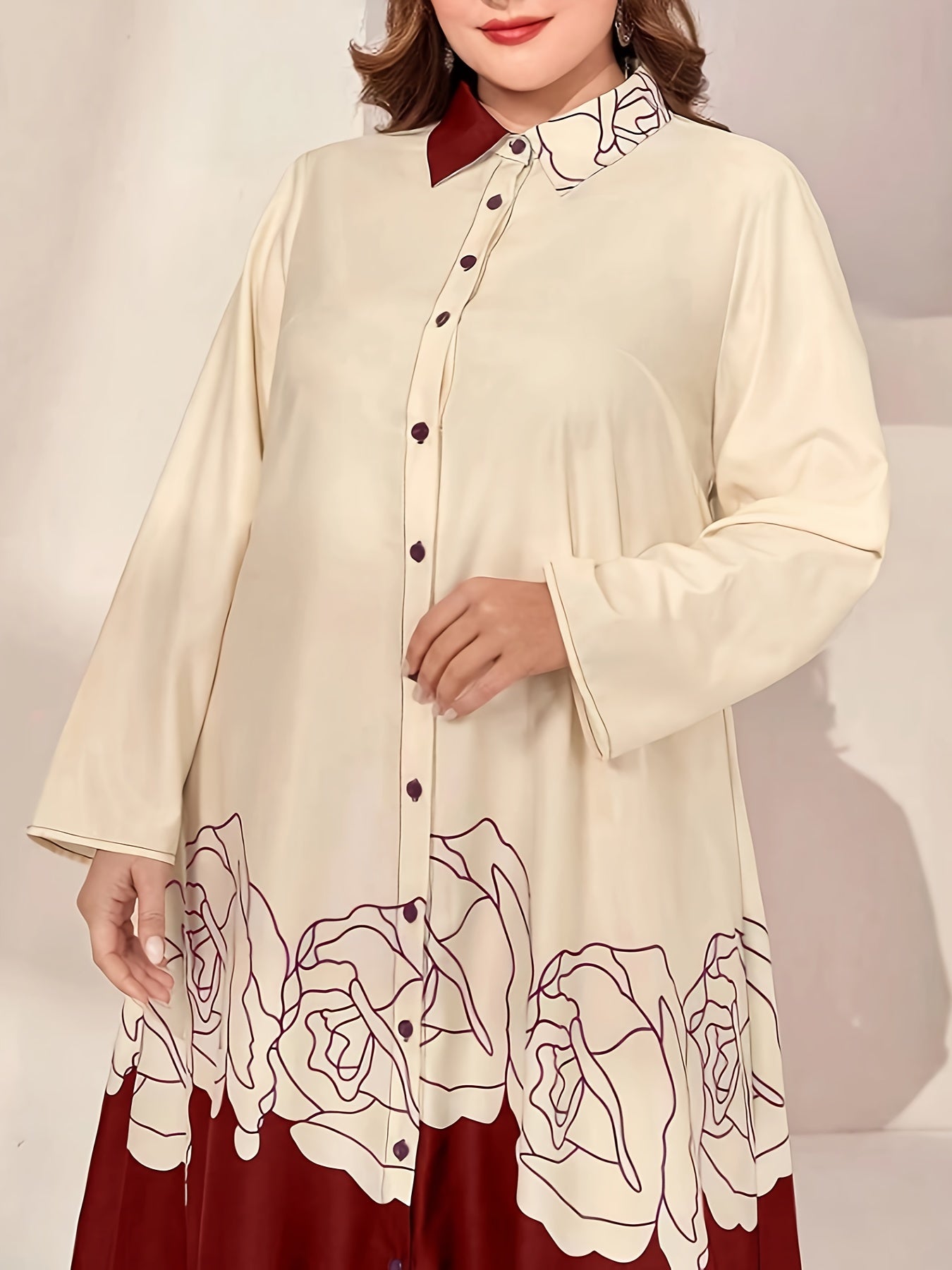  Abaya Dress Women's Plus Colorblock Floral Print Long Sleeve