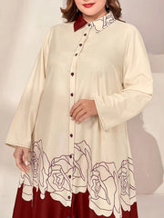  Abaya Dress Women's Plus Colorblock Floral Print Long Sleeve
