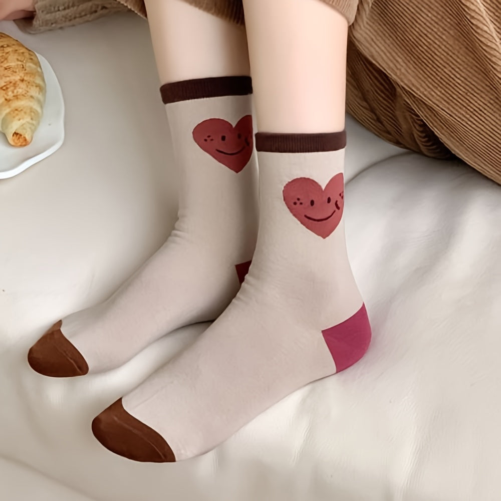 5 Pairs Floral & Heart Print Socks Women's Mid Tube Stockings