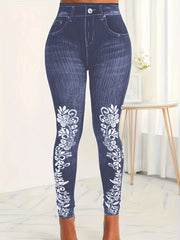  Floral Denim Print Leggings High Rise Medium Stretch