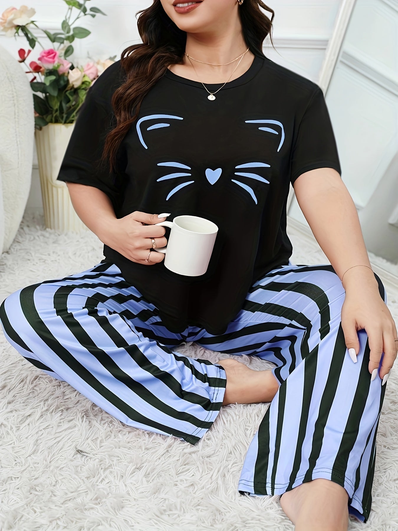  Cat Print Tee & Striped Pants Lounge Set