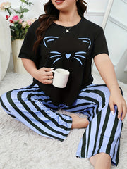  Cat Print Tee & Striped Pants Lounge Set