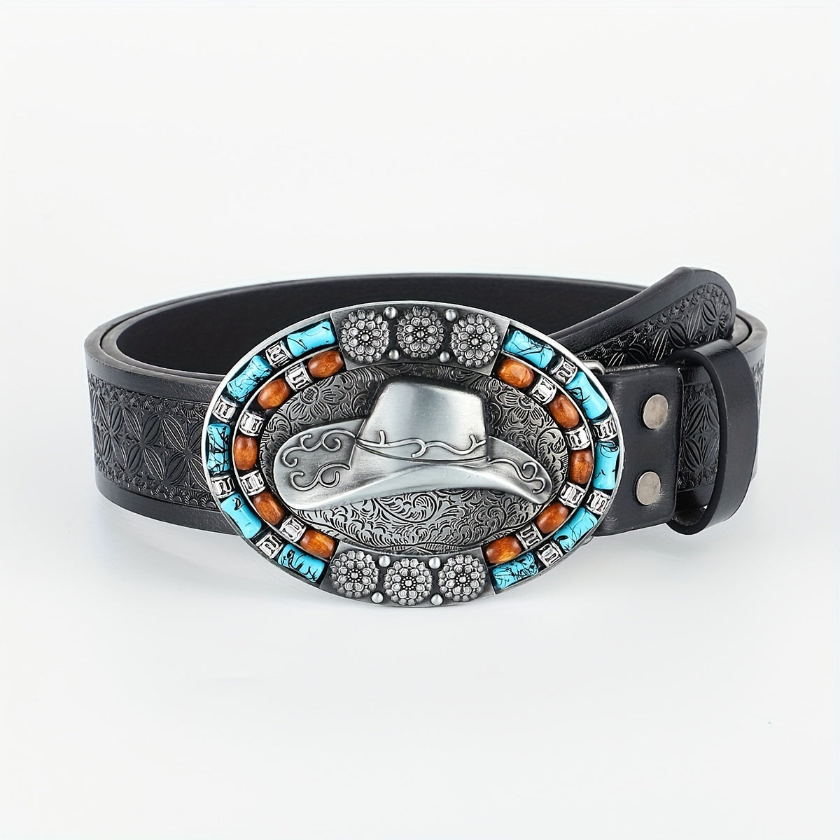 Western Cowboy Vintage Belt Embossed Leather Belt Bohemian Style Hat Buckle