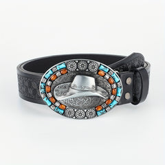 Western Cowboy Vintage Belt Embossed Leather Belt Bohemian Style Hat Buckle