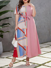  Colorblock Patchwork Print Butterfly Sleeve Round Neck Maxi Dress