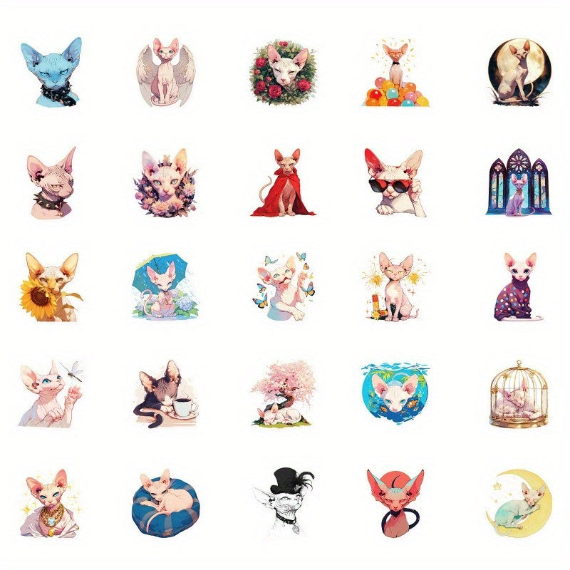 50 Whimsical Cat Stickers Pack DIY Phone Cases Water Bottles Guitar Decor