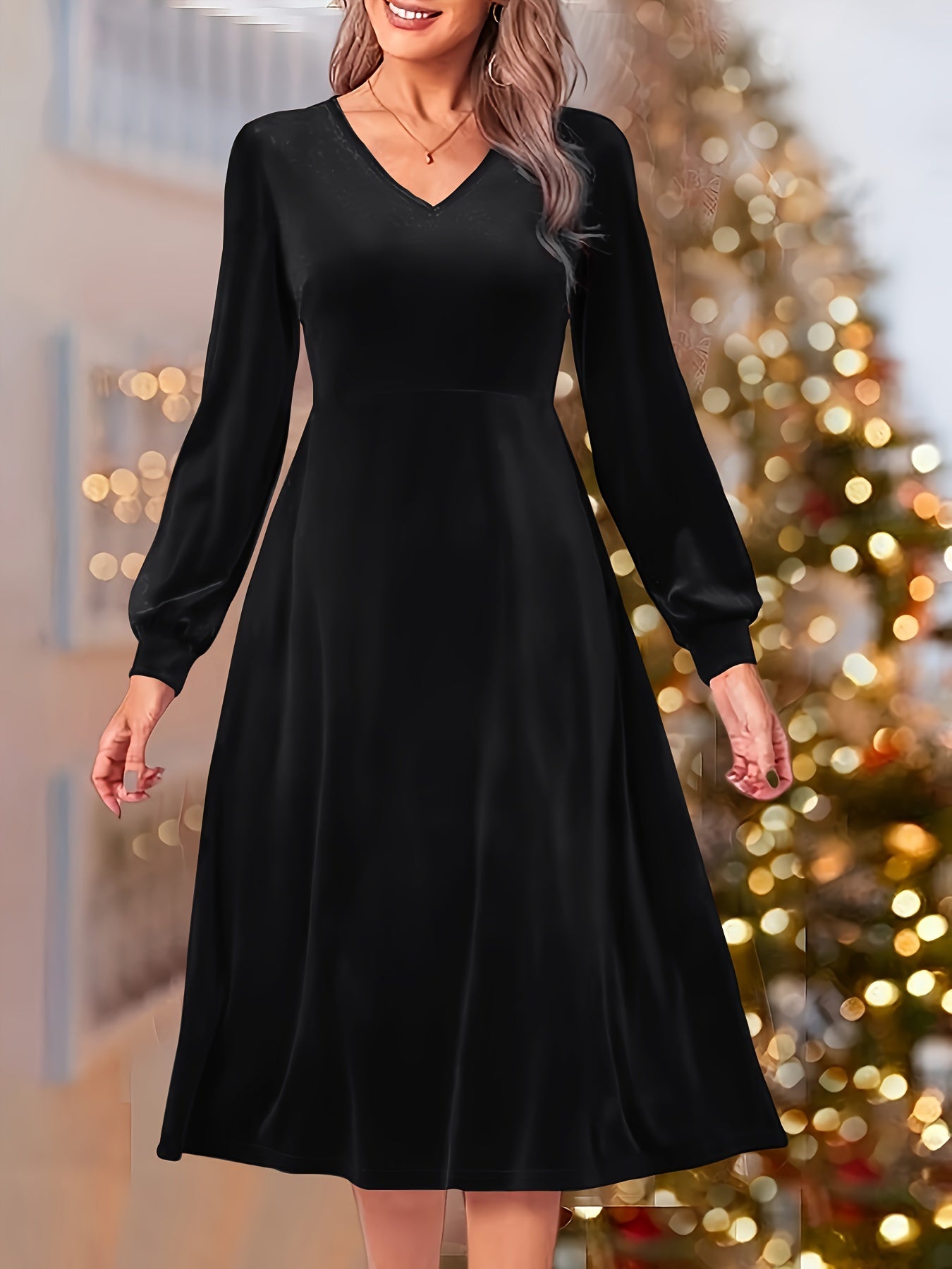  Velvet Long Sleeve V Neck Dress