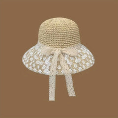 Lace Flower Brim Sun Hat Ribbon Bowknot Straw Hat