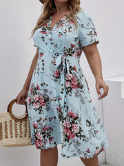  Casual Floral Print Short Sleeve Knot Dress