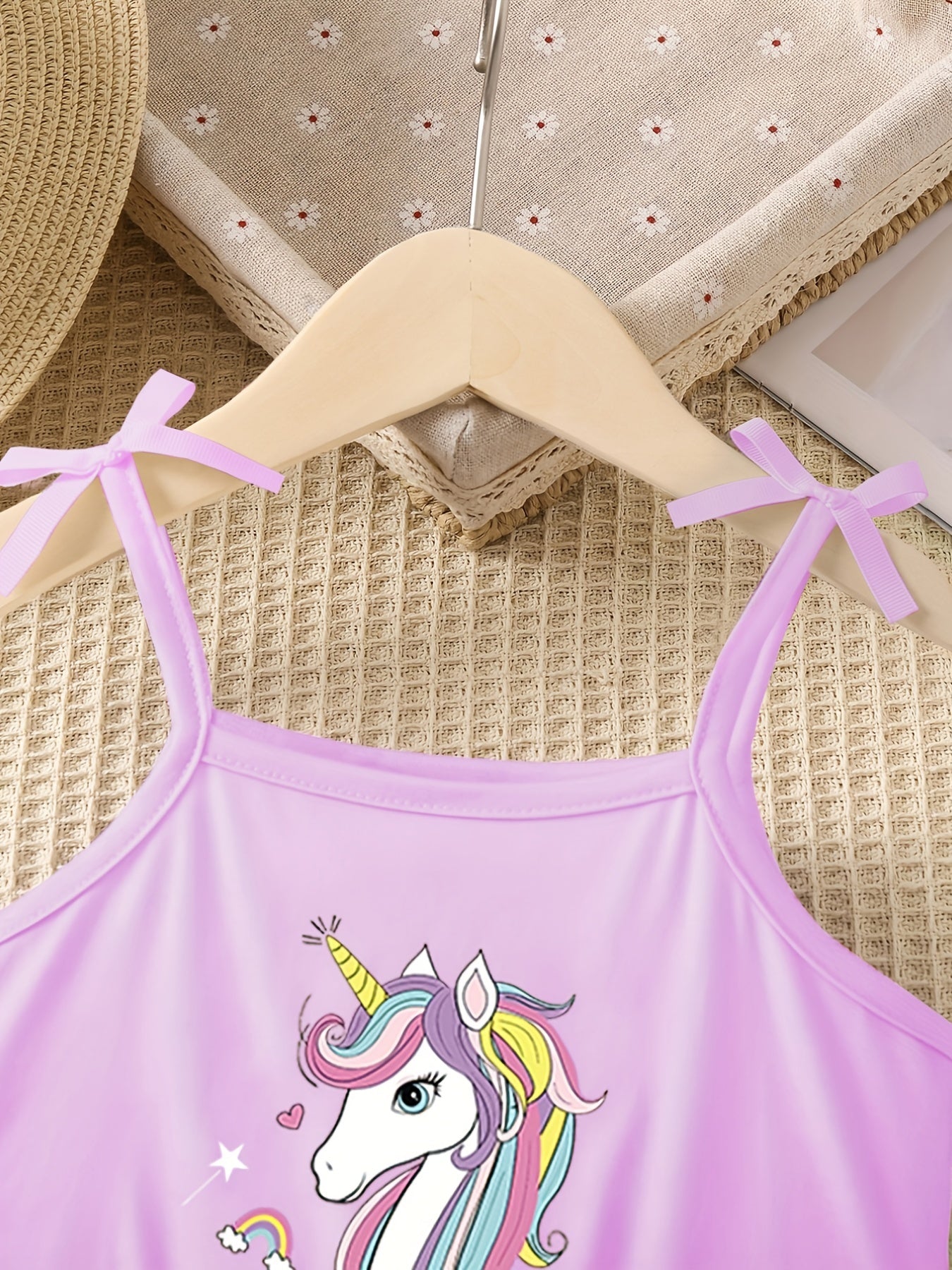 Girls Unicorn Print Bow Straps Cami Jumpsuit Kids Summer Clothes