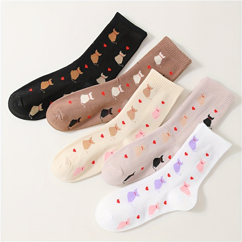 5 Pairs Cartoon Cat Print Socks Cute & Comfy Women's Mid Tube Stockings