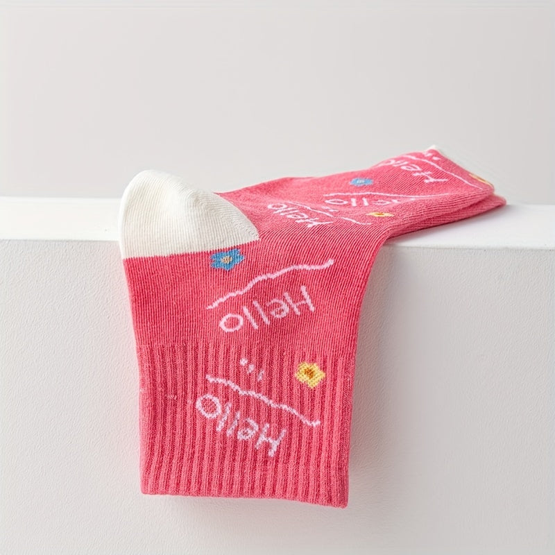 3 Pairs Smiling & Letter Print Women's Crew Socks