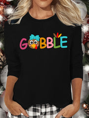 Thanksgiving Print Lounge Top Long Sleeve Crew Neck Women's Loungewear