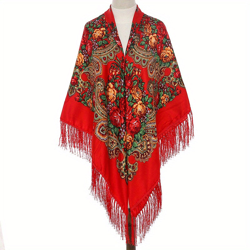 Vintage Flower Print Oversized Shawl with Tassel Wrap