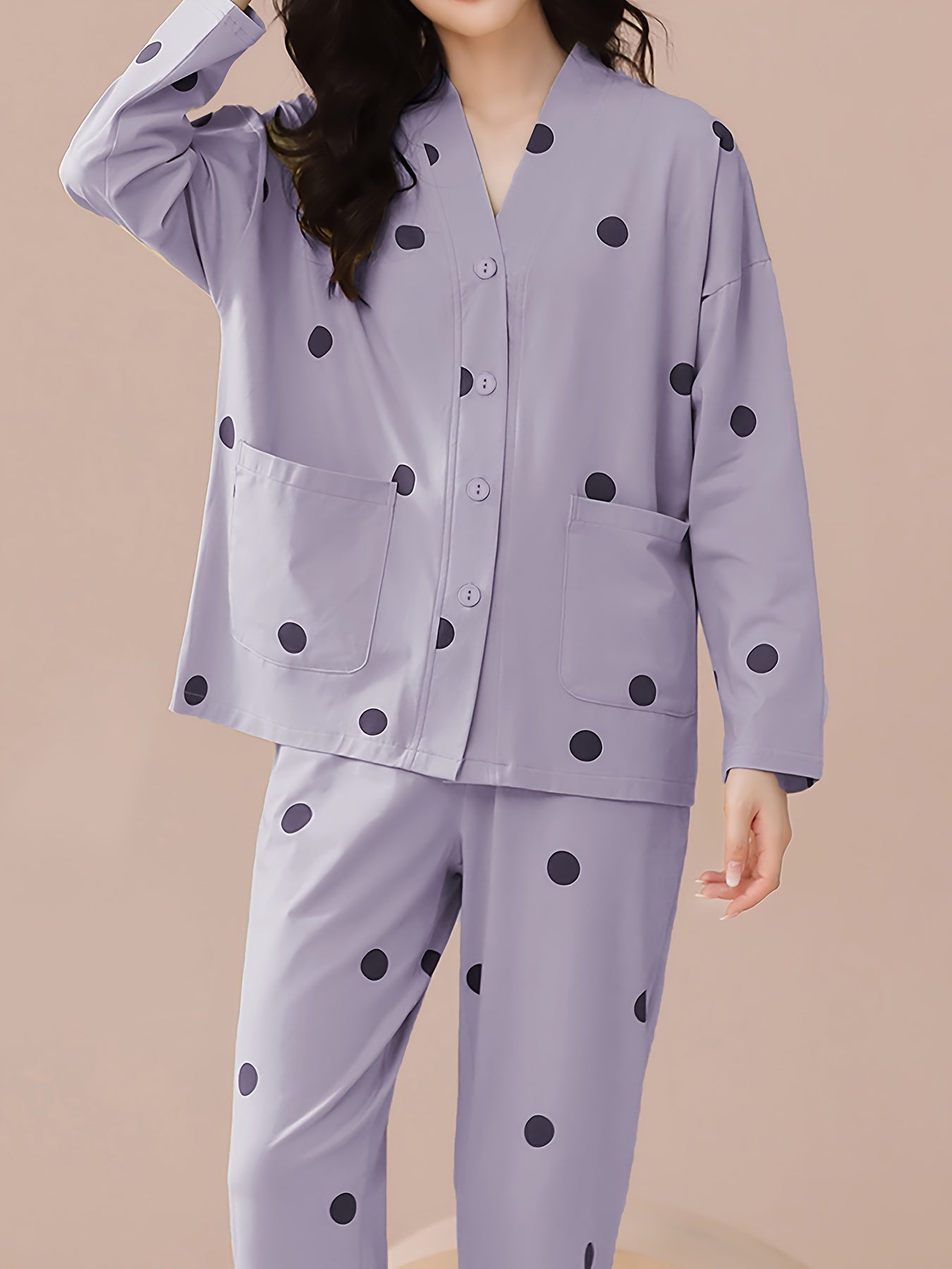 Polka Dot Pajama Set Long Sleeve Top & Pants Women's Sleepwear