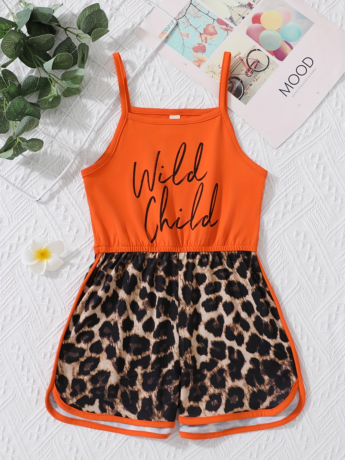 Girls Leopard Stitching Cami Romper & Fit Kids Short Jumpsuit