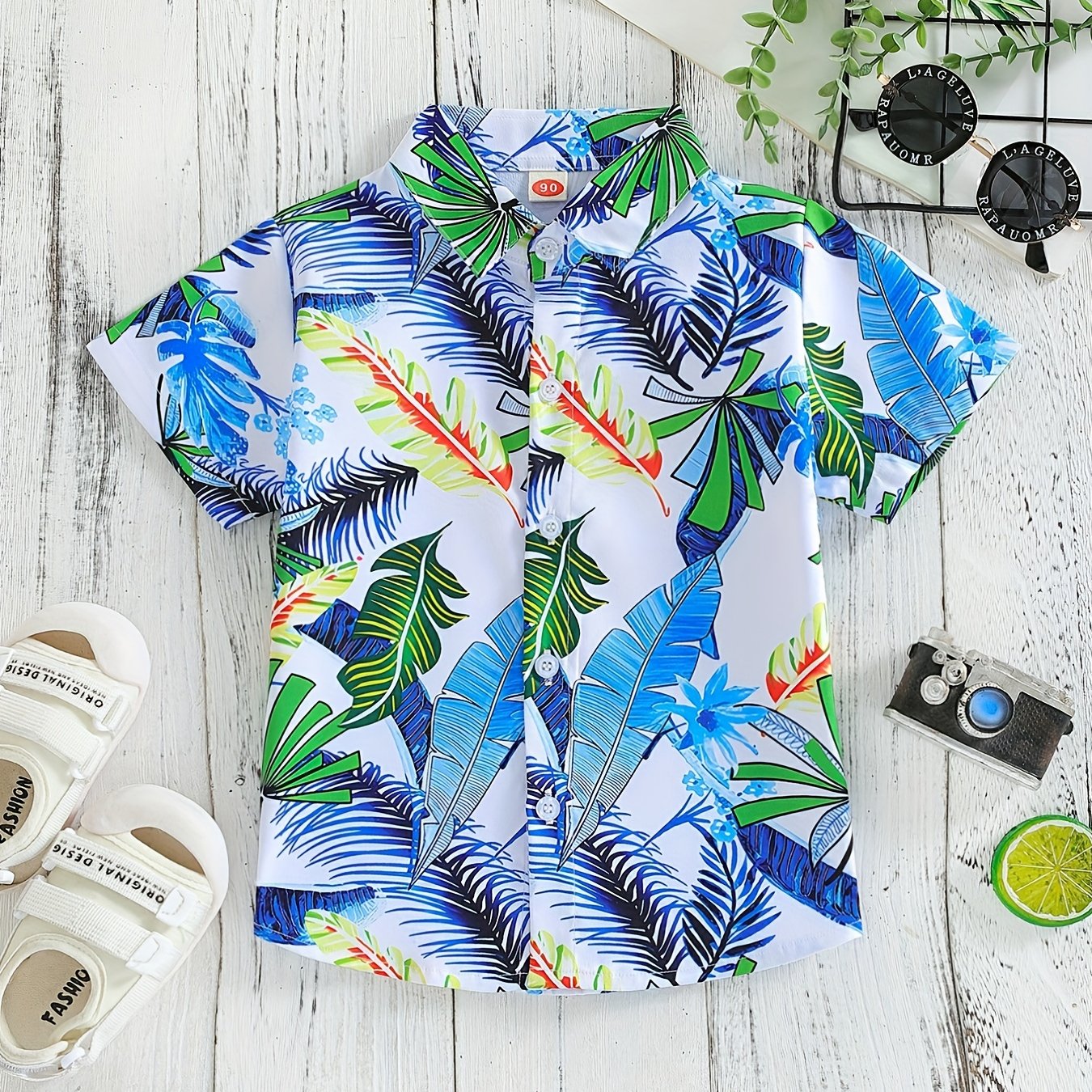 Boys Leaves Print Short Sleeves Shirt Hawaiian Style For Vacation Beach