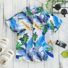 Boys Leaves Print Short Sleeves Shirt Hawaiian Style For Vacation Beach