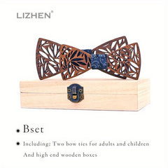 Retro Carved Walnut Wood Bow Tie Set for Father and Son