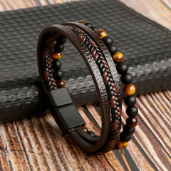 Layered Braided Leather Bracelet Tiger Eyestone Beaded Punk Accessory