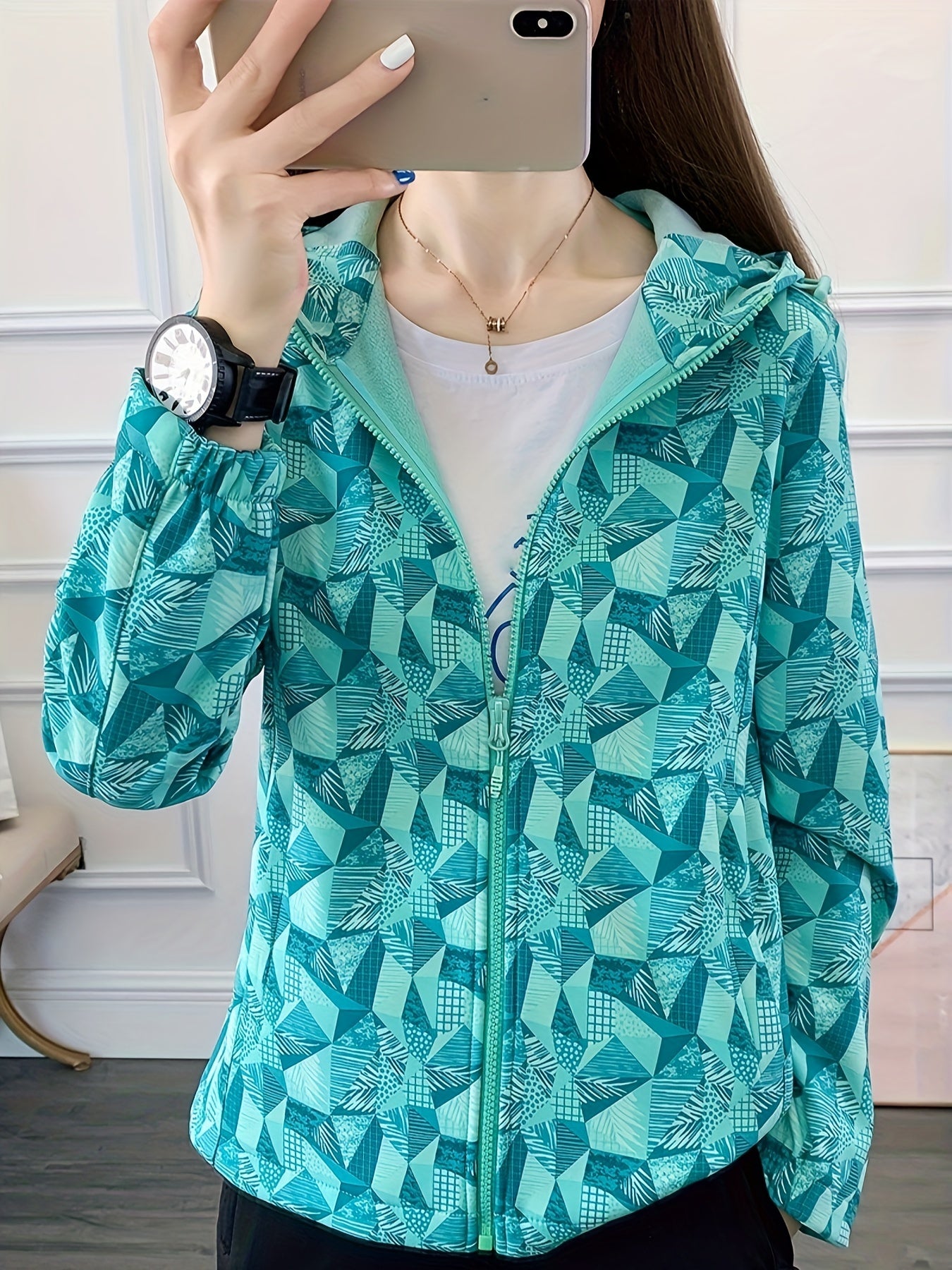Zipper Fleece Lined Hooded Sports Jacket for Women