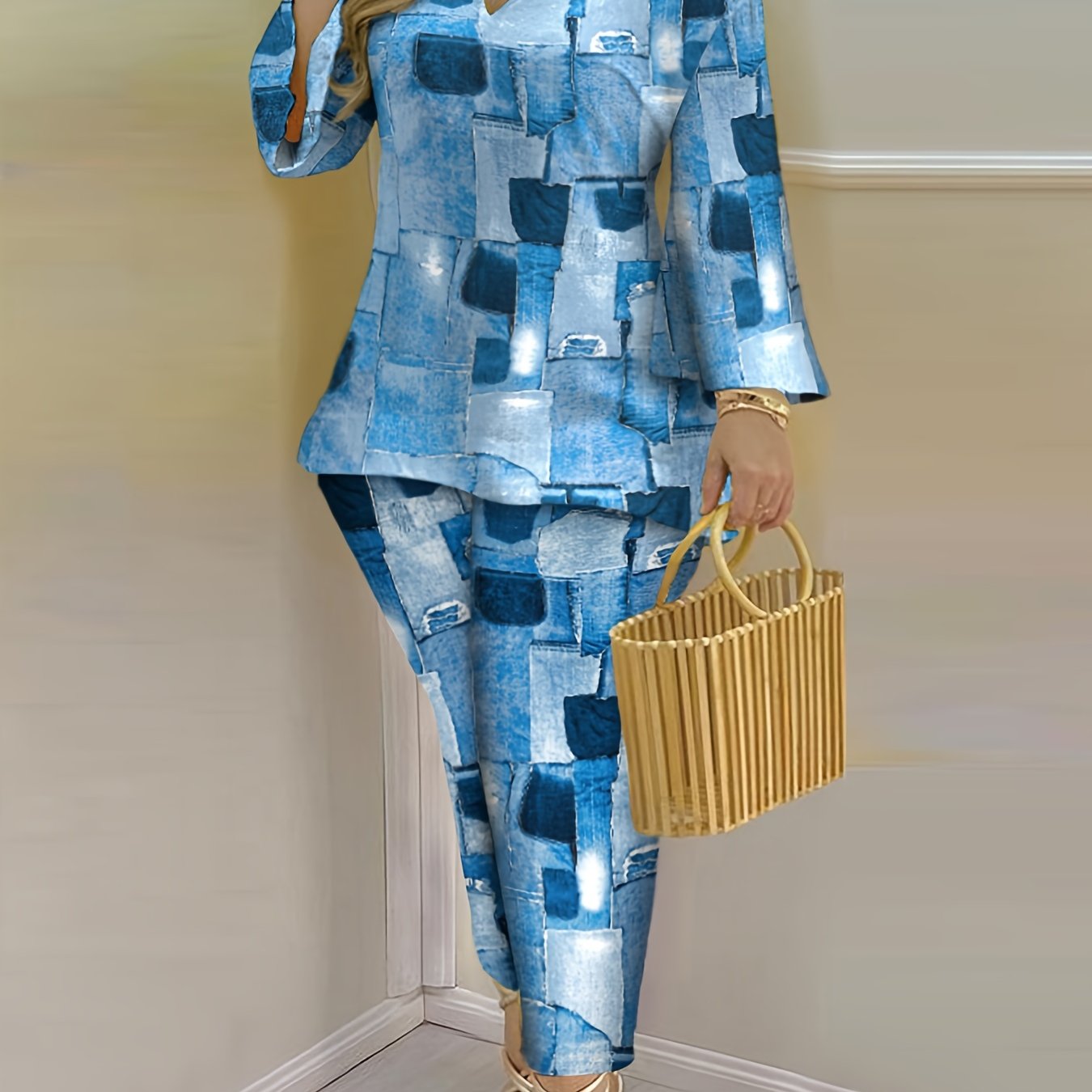  Denim Print Bell Sleeve Top & Pants Set