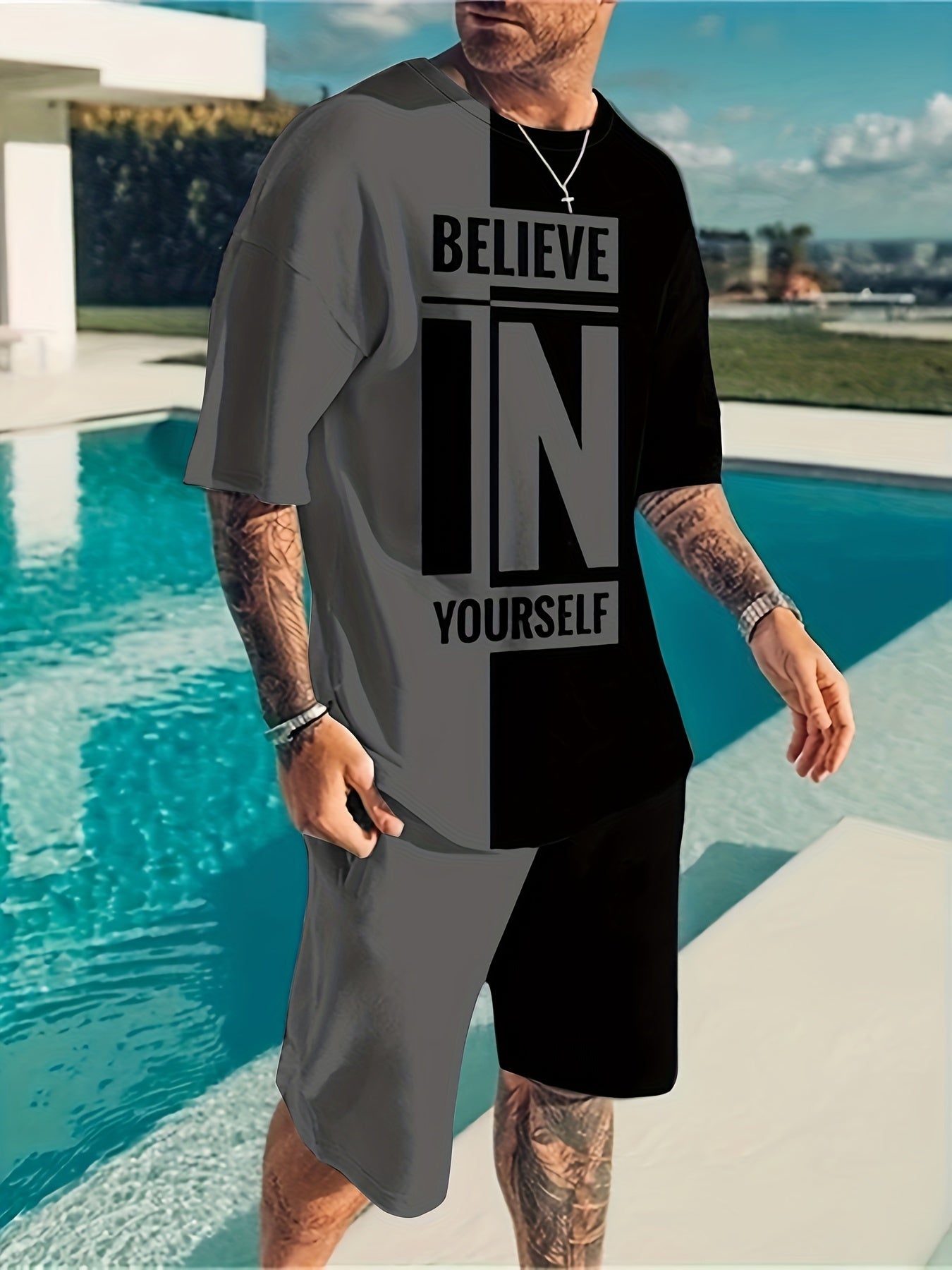 Believe In Yourself Print Men's 2Pcs Outfits Casual Set