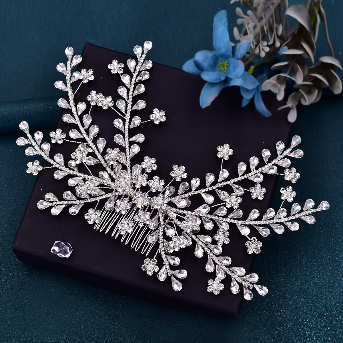 Bridal Hair Comb Rhinestones Pearls Floral Wedding Headpiece Bride