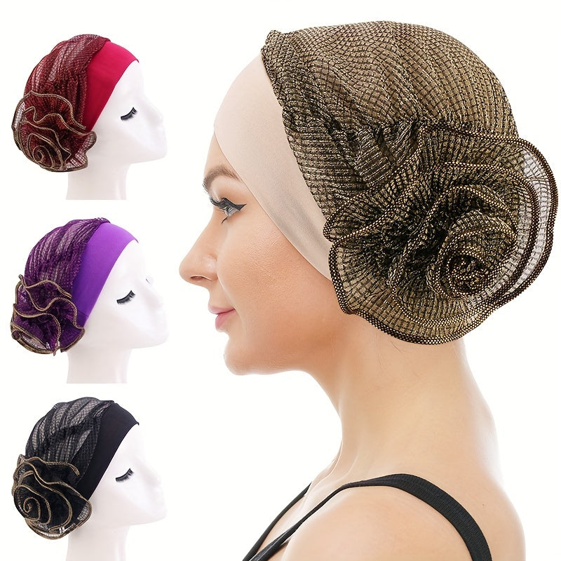 Ruffles Flower Glitter Turban Cap Solid Bonnet Head Wrap Head Scarf
