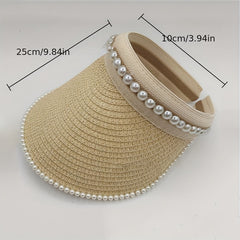 Faux Pearl Decor Visor Hat Beige Straw Hat Outdoor UV Protection Sun Hat