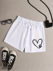  Heart & Puppy Paw Print Elastic Waist Shorts