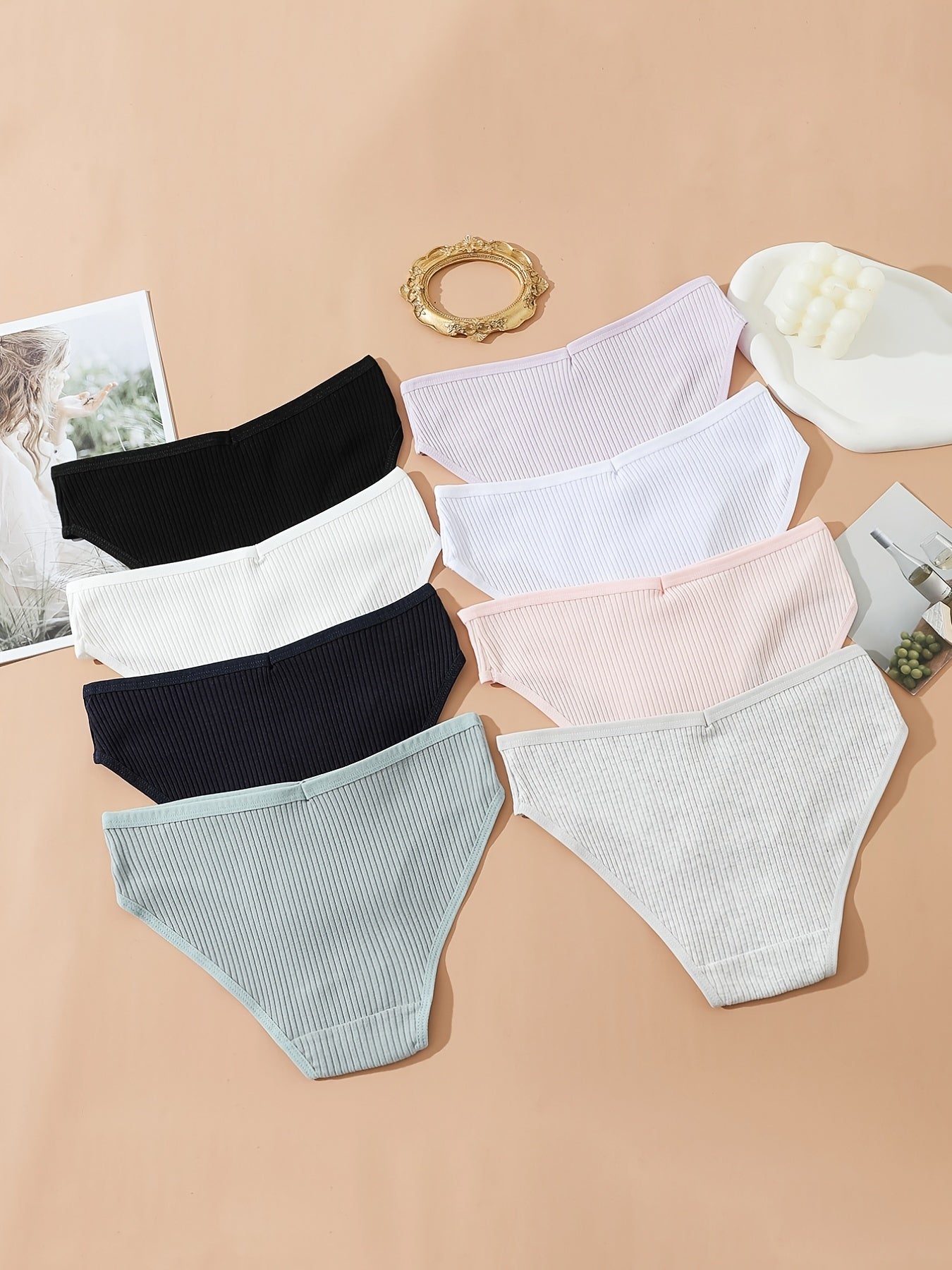 8pcs Seamless Ribbed Bikini Comfy Low Waist Panties Women Lingerie