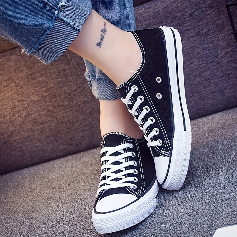 Women's Canvas Lace Up Flat Sneakers Round Toe Casual Walking Shoes