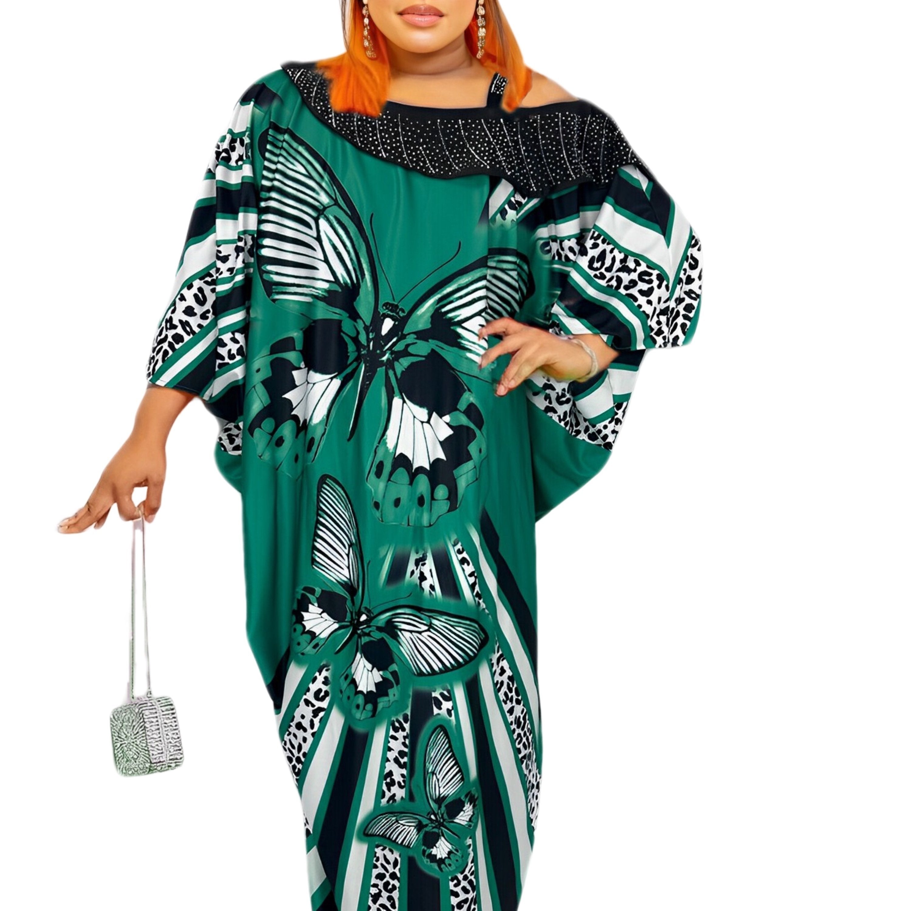  Kaftan Dress Women's Plus Butterfly & Leopard Print One Shoulder Batwi