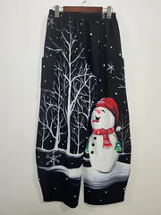 Women's Plus Snowman Print High Rise Wide Leg Trousers