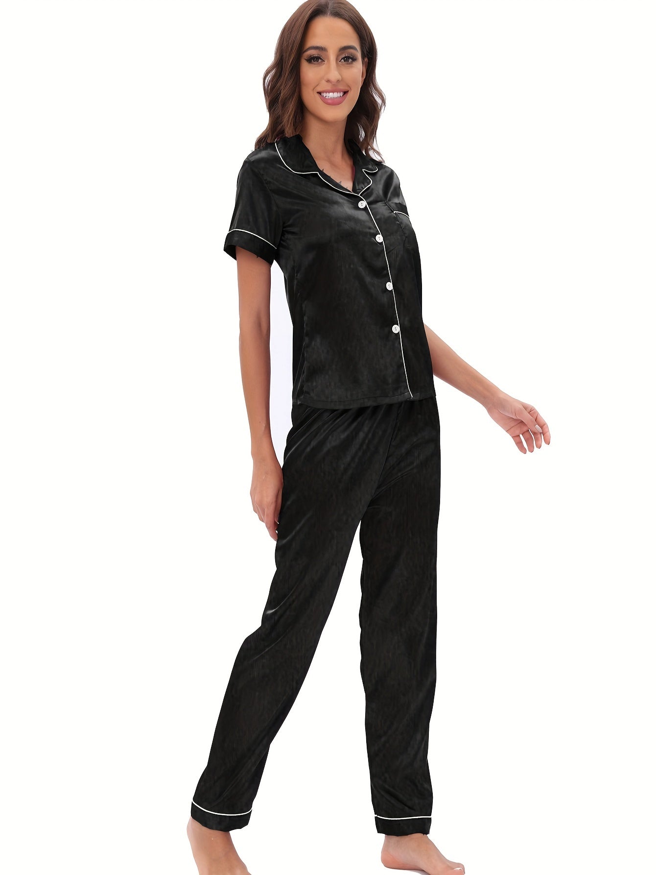 Satin Pajama Set Short Sleeve & Elastic Waistband Pants Women's Sleepwear