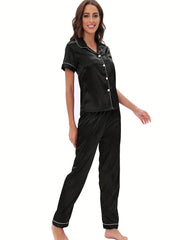 Satin Pajama Set Short Sleeve & Elastic Waistband Pants Women's Sleepwear