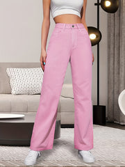 Pink High Waist Wide Leg Jeans Solid Denim Pants