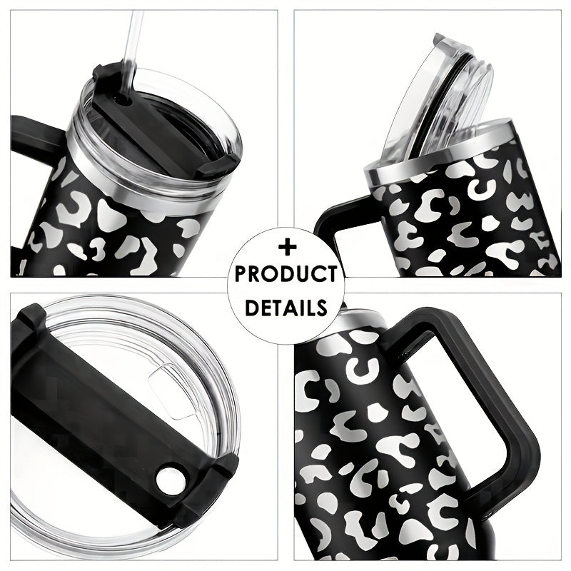 Leopard Print 40oz Insulated Tumbler w/ Handle & Straw Lid Stainless Steel