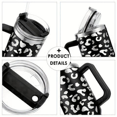 Leopard Print 40oz Insulated Tumbler w/ Handle & Straw Lid Stainless Steel