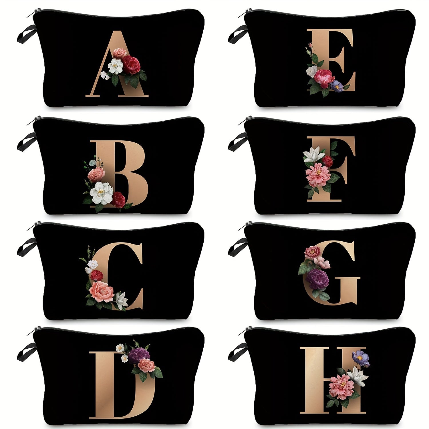 Flower & Letter Print Cosmetic Bag Zipper Makeup Pouch