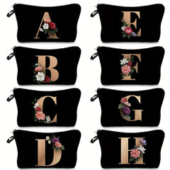 Flower & Letter Print Cosmetic Bag Zipper Makeup Pouch