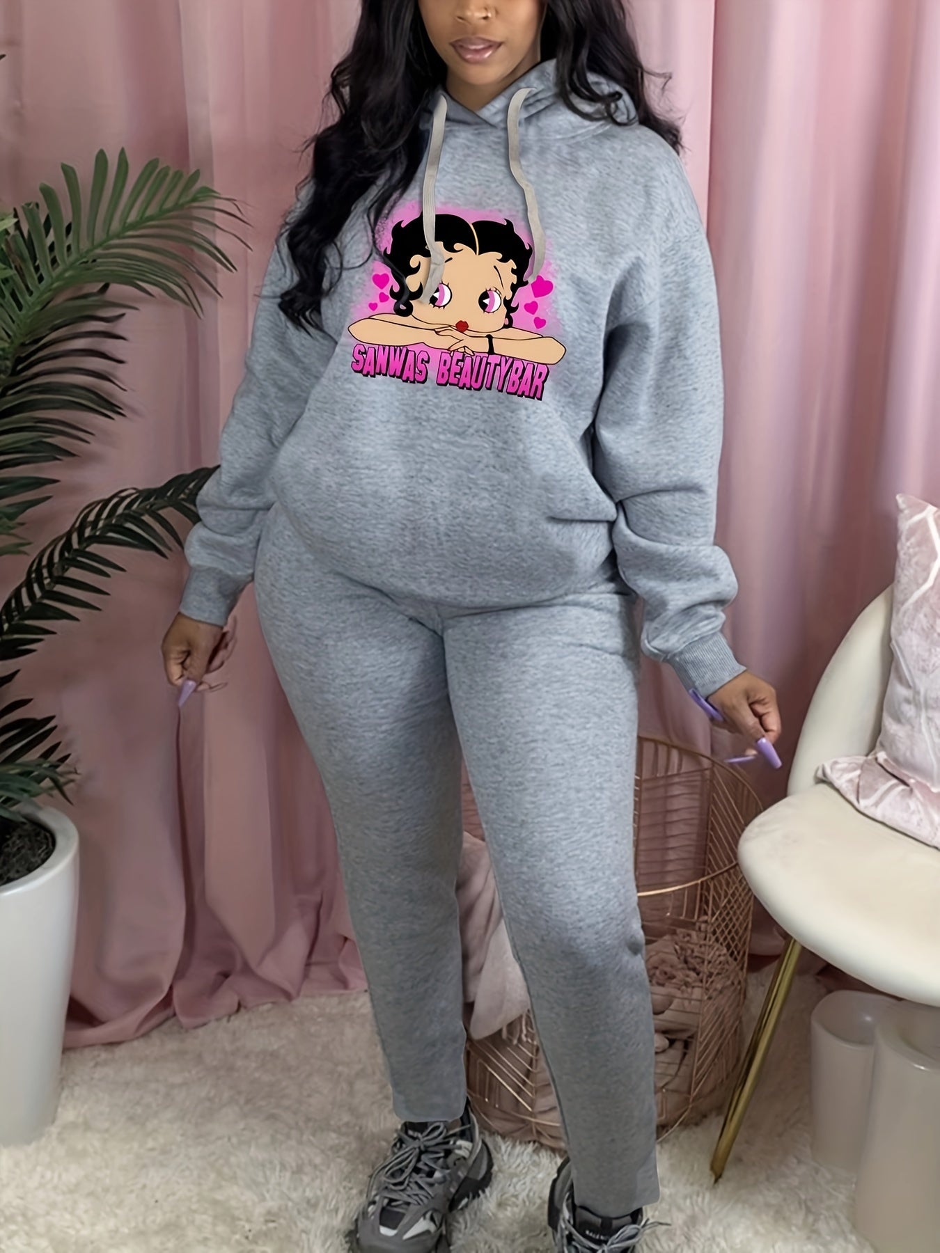  Casual Cartoon Girl Print Hoodie & Sweatpants Set