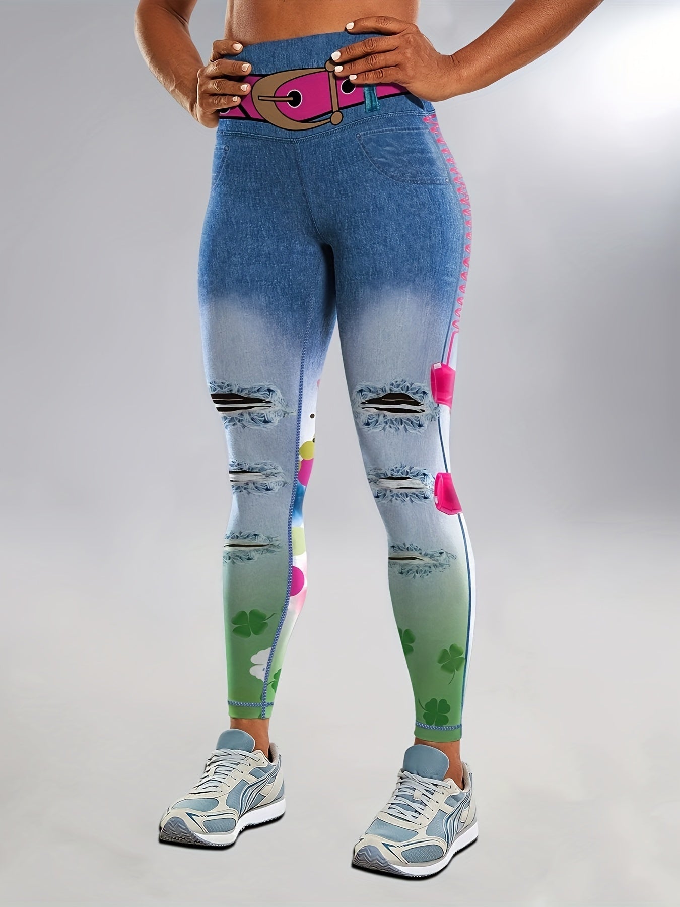 Faux Denim Print Butt Lifting Fitness Gym Leggings